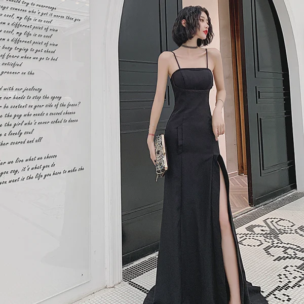 Sexy Black Split Front Evening Dresses 2022 Trumpet / Mermaid Spaghetti Straps Sleeveless Backless Sweep Train Evening Party Formal Dresses Sexy Black Split Front Evening Dresses 2022 Trumpet / Mermaid Spaghetti Straps Sleeveless Backless Sweep Train Evening Party Formal Dresses