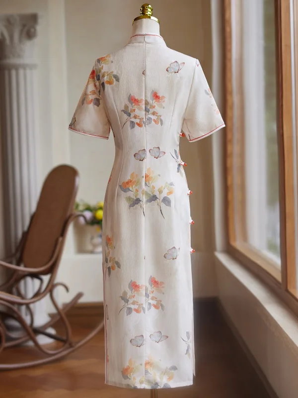 Chinese style Beige Printing Tea-length Cheongsam / Qipao 2024 Trumpet / Mermaid Polyester Short Sleeve