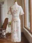 Chinese style Beige Printing Tea-length Cheongsam / Qipao 2024 Trumpet / Mermaid Polyester Short Sleeve