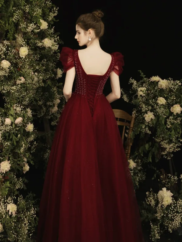 Chic / Beautiful Burgundy Beading Sequins Prom Dresses 2022 A-Line / Princess V-Neck Puffy Short Sleeve Backless Floor-Length / Long Formal Dresses