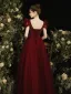 Chic / Beautiful Burgundy Beading Sequins Prom Dresses 2022 A-Line / Princess V-Neck Puffy Short Sleeve Backless Floor-Length / Long Formal Dresses