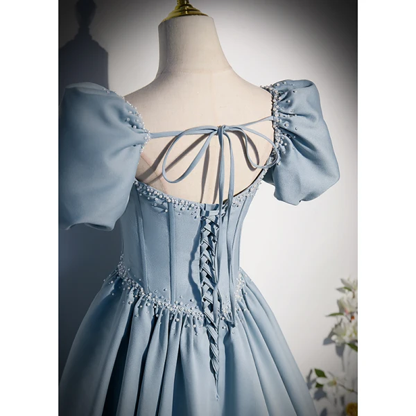Elegante Himmelblau Perle Satin Ballkleider 2022 A Linie Eckiger Ausschnitt Geschwollenes Kurze Ärmel Rückenfreies Schleife Lange Ball Festliche Kleider