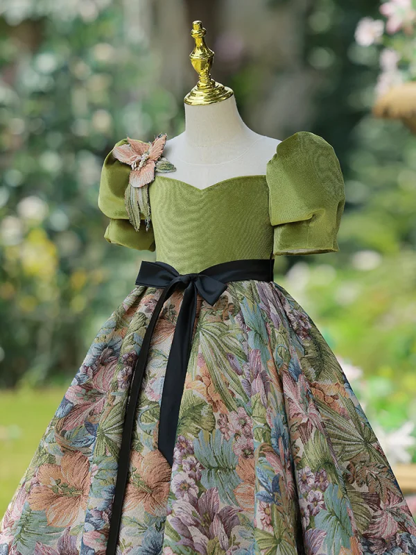 Chic / Belle Vert Cendré Impression Noeud Ceinture Anniversaire Robe Ceremonie Fille 2023 Princesse Encolure Carrée Gonflée Manches Courtes Longue