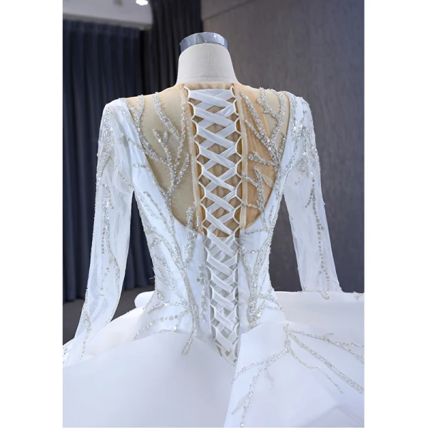 Luxury / Gorgeous Charming White Beading Sequins Cascading Ruffles Wedding Dresses 2023 Ball Gown Scoop Neck Long Sleeve Backless Chapel Train Wedding