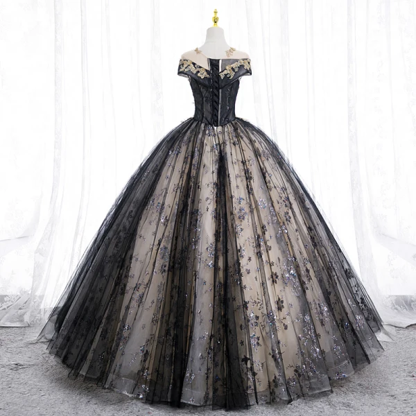 Élégant Noire Perlage Paillettes En Dentelle Fleur Robe De Bal 2022 Robe Boule V-Cou Manches Courtes Dos Nu Longue Promo Robe De Ceremonie