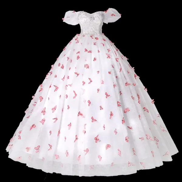 Chic / Beautiful White Prom Dresses 2022 Ball Gown Off-The-Shoulder Butterfly Appliques Sequins Lace Flower Short Sleeve Backless Floor-Length / Long Formal Dresses
