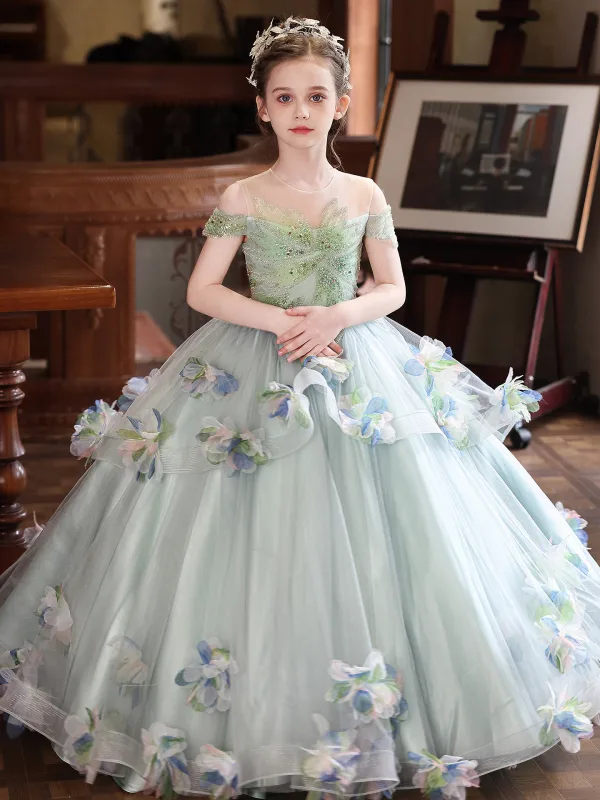 Flower Fairy Sage Green Beading Appliques Birthday Flower Girl Dresses 2026 Ball Gown Scoop Neck Sleeveless Floor-Length / Long Tulle