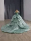 Luxury / Gorgeous Mint Green Cascading Ruffles Sequins Prom Dresses 2025 Ball Gown Off-The-Shoulder Sleeveless Backless Royal Train Formal Dresses