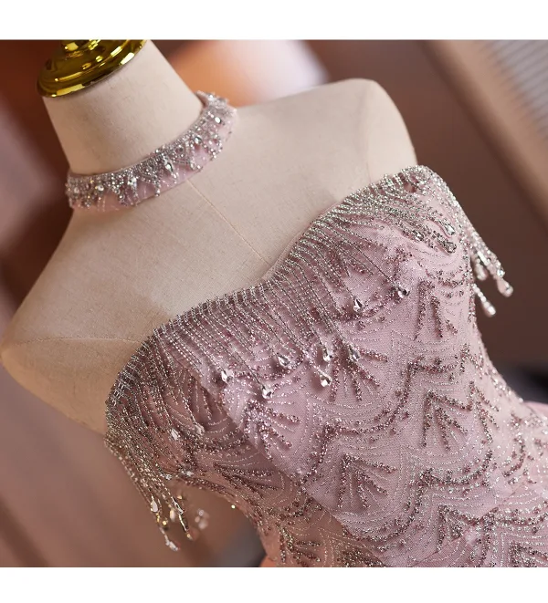 Sjarmerende Bling Bling Rødmende Rosa Beading Rhinestone Paljetter Selskapskjoler 2025 Prinsesse Kjæreste Uten Ermer Ryggløse Sløyfe Knelengde Aften