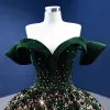 Sparkly Dark Green Beading Sequins Suede Prom Dresses 2022 Ball Gown Off-The-Shoulder Short Sleeve Backless Chapel Train Prom Formal Dresses