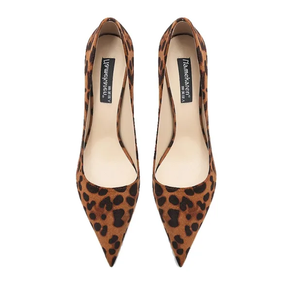 Sexy Bruin Avond Luipaard Print Leer Pumps 2025 12 cm 12 cm Naaldhakken / Stiletto Spitse Neus Pumps Hoge Hakken