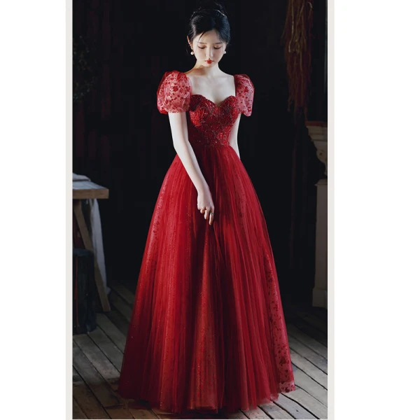 Charming Burgundy Beading Sequins Evening Dresses 2023 A-Line / Princess Square Neckline Short Sleeve Backless Floor-Length / Long Evening Party Formal Dresses