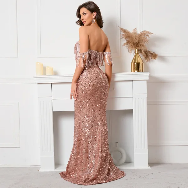 Scintillantes Charmant Rougissant Rose Perlage Paillettes Robe De Soirée 2022 Trompette / Sirène De l'épaule Sans Manches Dos Nu Train De Balayage Robe De Ceremonie