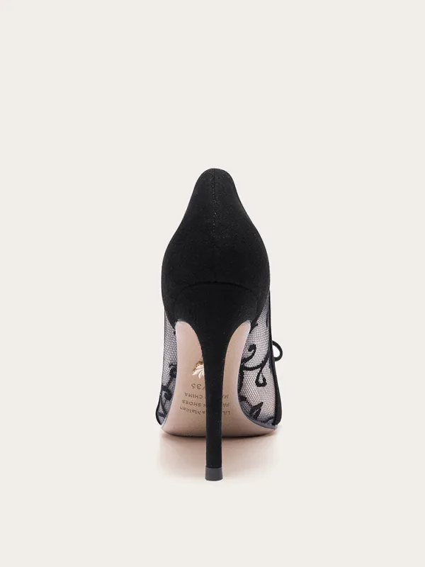 Sexy Zwarte Kant Bloem Strik Gala Pumps 2024 Leer 10 cm Naaldhakken / Stiletto Spitse Neus Pumps Hoge Hakken