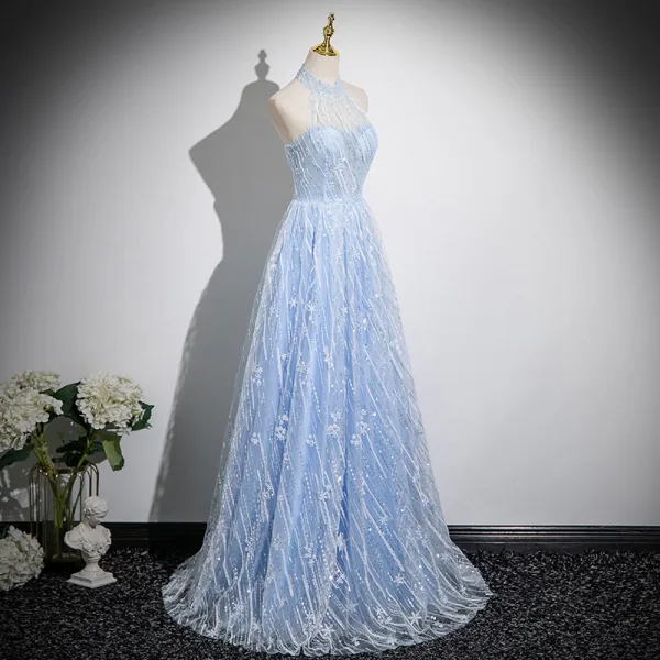 Sexy Sky Blue Beading Sequins Prom Dresses 2025 A-Line / Princess Halter Sleeveless Backless Sweep Train Formal Dresses