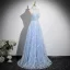 Sexy Sky Blue Beading Sequins Prom Dresses 2025 A-Line / Princess Halter Sleeveless Backless Sweep Train Formal Dresses