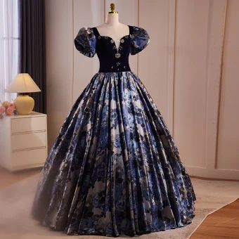 Vintage Originale Bleu Marine Impression Robe De Bal 2024 Robe Boule Encolure Carrée Gonflée Manches Courtes Dos Nu Longue Promo Robe De Ceremonie