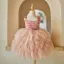 Chic / Beautiful Blushing Pink Pearl Rhinestone Cascading Ruffles Short Birthday Flower Girl Dresses 2024 Ball Gown Square Neckline Sleeveless Backless