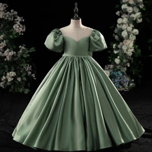 Chic Belle Vert Robe Ceremonie Fille 2022 Robe Boule Encolure Dégagée Gonflée Manches Courtes Dos Nu Noeud Longue Satin Promo Robe Ceremonie Fille
