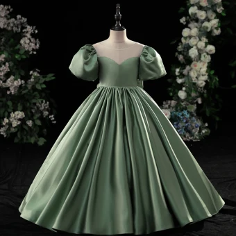 Chic Belle Vert Robe Ceremonie Fille 2022 Robe Boule Encolure Dégagée Gonflée Manches Courtes Dos Nu Noeud Longue Satin Promo Robe Ceremonie Fille