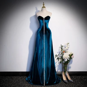 Vintage Retro Royal Blue Suede Evening Dresses 2023 A Line Princess Strapless Rhinestone Sleeveless Backless Floor Length Long Evening Party Formal Dresses