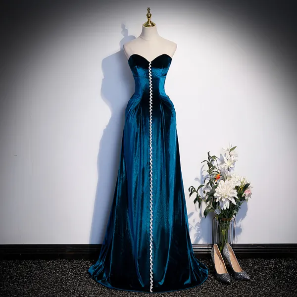 Vintage / Retro Royal Blue Suede Evening Dresses  2023 A-Line / Princess Strapless Rhinestone Sleeveless Backless Floor-Length / Long Evening Party Formal Dresses