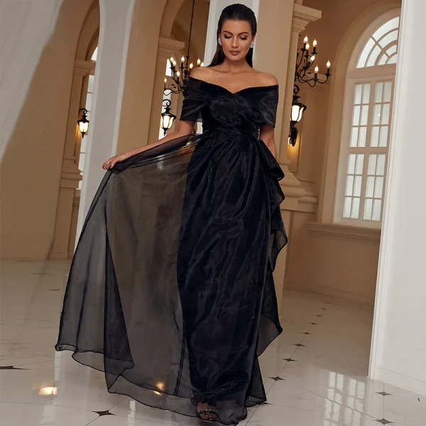 Charming Black Evening Dresses 2022 A-Line Princess Off-The-Shoulder Short Sleeve Long