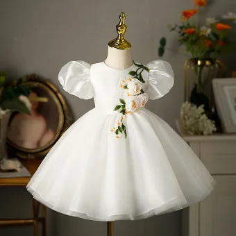 Chic Beautiful White Embroidered Appliques Short Wedding Flower Girl Dresses 2026 Ball Gown Scoop Neck Puffy Short Sleeve