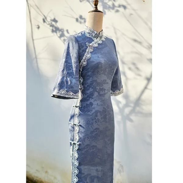 Vintage / Retro Chinese style Sky Blue Lace Flower Summer Street Wear Cheongsam 2024 Trumpet / Mermaid High Neck 1/2 Sleeves Tea-length