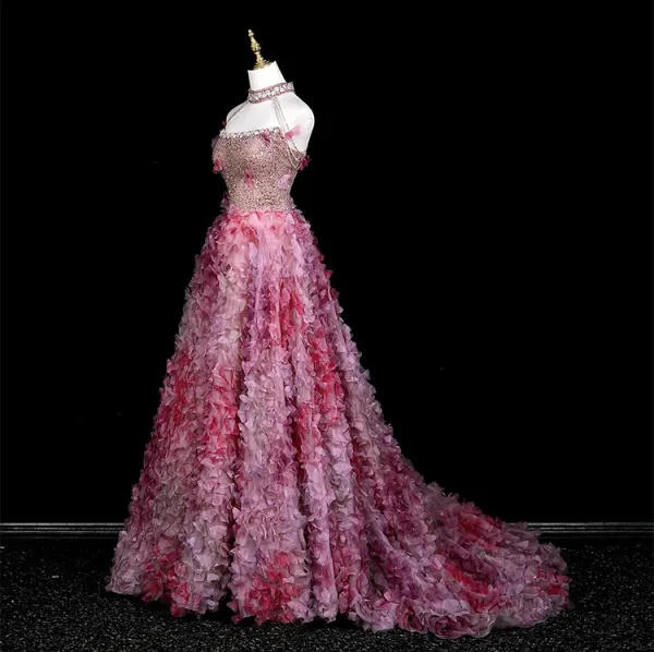 Blumenfee Rosa Strass Pailletten Applikationen Ballkleider 2025 A Linie Stehkragen Ärmellos Rückenfreies Sweep / Pinsel Zug Festliche Kleider
