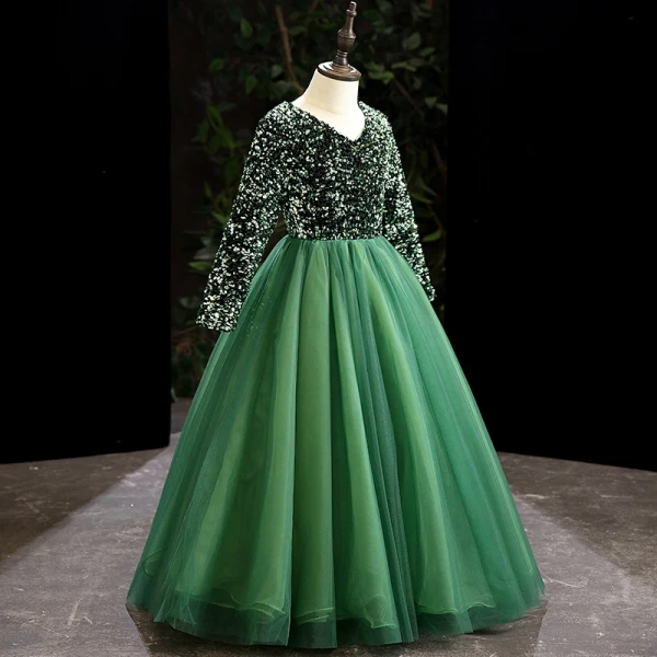 Vintage / Retro Green Sequins Birthday Flower Girl Dresses 2024 Ball Gown V-Neck Long Sleeve Floor-Length / Long