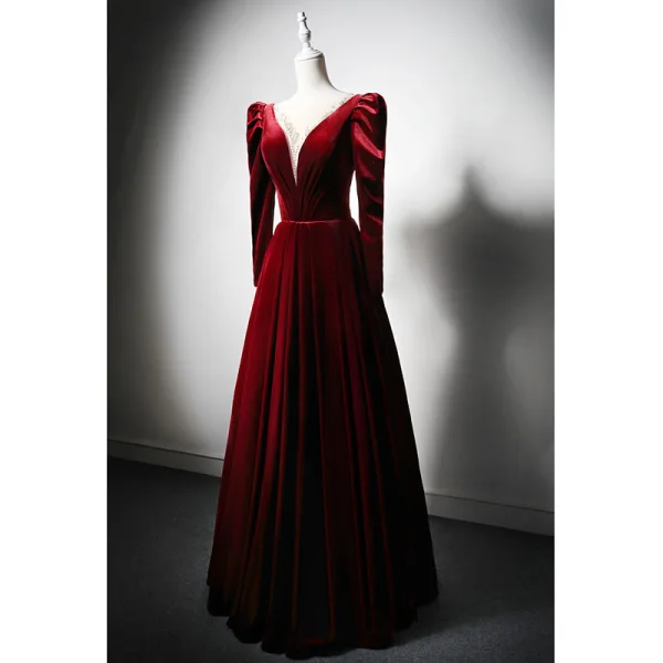 Vintage / Retro Beading Burgundy Velvet Winter Prom Dresses 2024 A-Line / Princess V-Neck Long Sleeve Floor-Length / Long Prom Formal Dresses