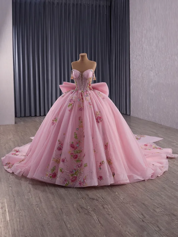 Flower Fairy Luxury / Gorgeous Blushing Pink Handmade  Beading Sequins Lace Flower Prom Dresses 2025 Ball Gown Strapless Sleeveless Backless Bow