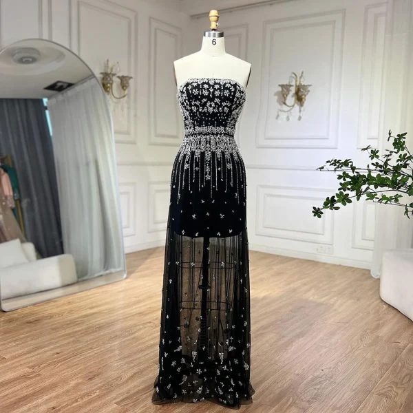 High-end Black Rhinestone Prom Dresses 2024 Empire Strapless Puffy Short Sleeve Backless Floor-Length / Long Prom Formal Dresses