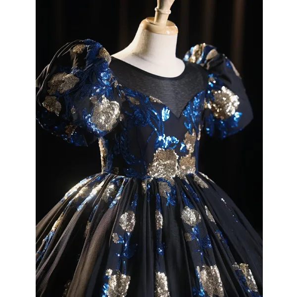 Élégant Bleu Marine Paillettes Anniversaire Robe Ceremonie Fille 2025 Robe Boule Encolure Dégagée Gonflée Manches Courtes Dos Nu Longue