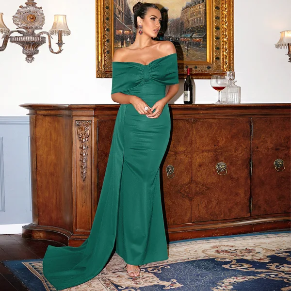 Elegant Red Evening Dresses 2022 Trumpet / Mermaid Bow Off-The-Shoulder Short Sleeve Backless Floor-Length / Long Evening Party Formal Dresses