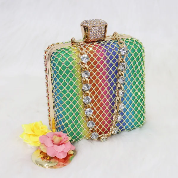Charming Multi-Colors Rainbow Rhinestone Bow Womens Sandals Clutch Bags 2023 8 cm Stiletto Heels Evening Party Pointed Toe Sandals High Heels Clutch Bags