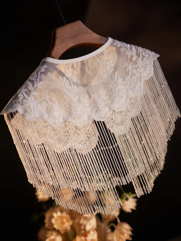 Charming White Handmade  Beading Tassel Lace Flower Prom shawl 2025