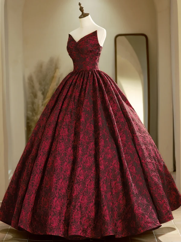 Schöne Burgunderrot Rose Drucken Ballkleider 2024 Ballkleid Bandeau Ärmellos Rückenfreies Lange Ball Festliche Kleider