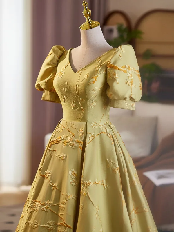 Elegant Yellow Printing Prom Dresses 2025 A-Line / Princess V-Neck Short Sleeve Backless Floor-Length / Long Prom Formal Dresses