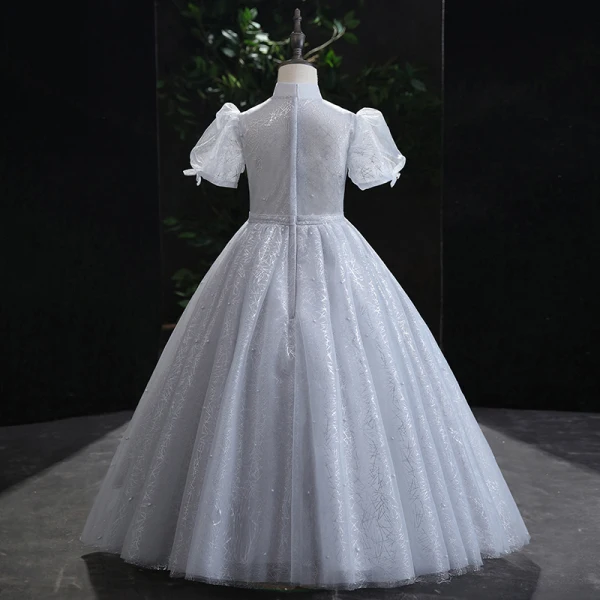 Chic / Beautiful Grey Glitter Pearl Sequins Flower Girl Dresses 2022 Ball Gown High Neck Puffy Short Sleeve Floor-Length / Long Prom Flower Girl Dresses