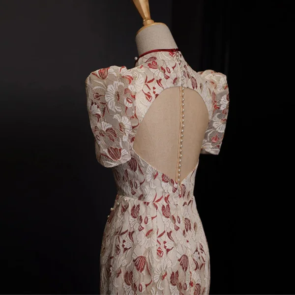 Chic / Beautiful Lace Flower Evening Party Cheongsam 2022 Trumpet / Mermaid Pearl High Neck Short Sleeve Floor-Length / Long Split Front