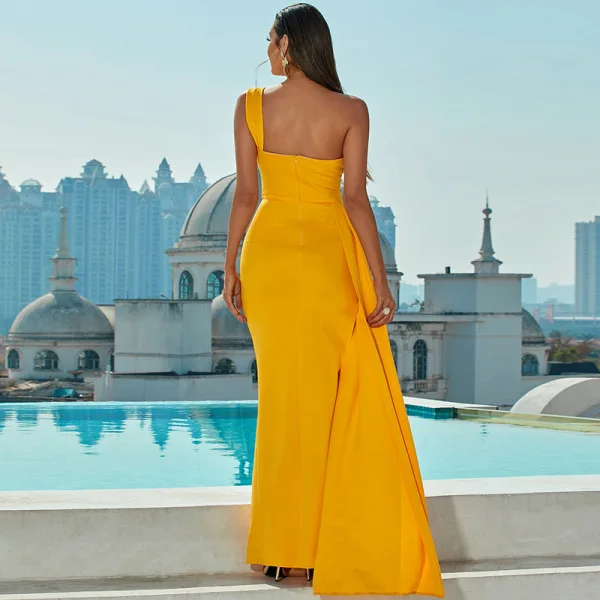 Fashion Yellow Holiday Split Front Evening Dresses 2022 Trumpet / Mermaid One-Shoulder Sleeveless Backless Floor-Length / Long Formal Dresses