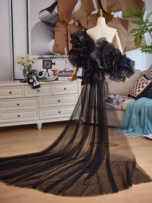 Fashion Black Handmade  Ruffle Flower Prom Shawls 2025