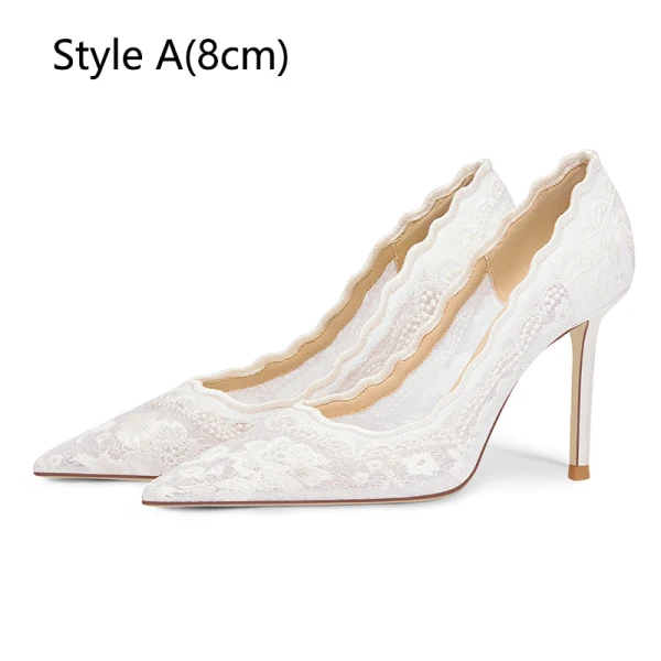 Elegant White Lace Flower Wedding Shoes 2024 8 cm Stiletto Heels Pointed Toe Wedding Pumps High Heels