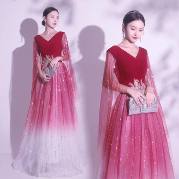Vintage Retro Burgundy Glitter Sequins Prom Dresses 2024 A Line Princess V Neck 1 2 Sleeves Backless Floor Length Long Prom Formal Dresses