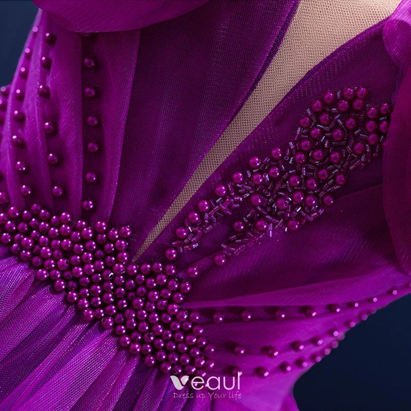 semi formal wedding dresses Purple Halter Chiffon Prom Dress,Evening Dress with Slit,Backless Party Dress with Train PD00123, US16W / Dark Navy
