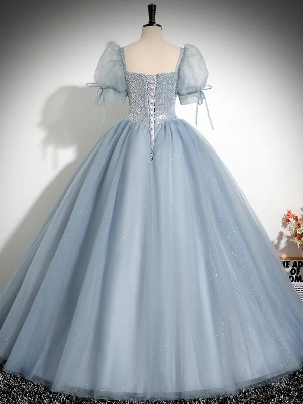 Elegante Himmelblau Pailletten Ballkleider 2024 Ballkleid Eckiger Ausschnitt Geschwollenes Kurze Ärmel Rückenfreies Lange Ball Festliche Kleider