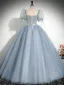 Elegante Himmelblau Pailletten Ballkleider 2024 Ballkleid Eckiger Ausschnitt Geschwollenes Kurze Ärmel Rückenfreies Lange Ball Festliche Kleider