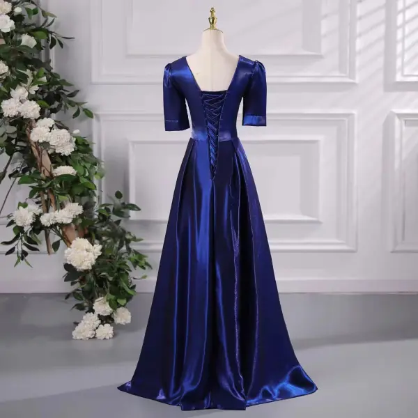 Vintage / Retro Royal Blue Prom Dresses 2024 A-Line / Princess V-Neck Short Sleeve Backless Floor-Length / Long Prom Formal Dresses